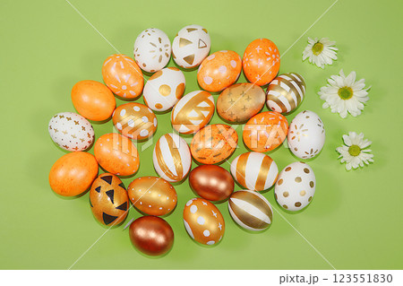 Happy Easter concept, banner for screen, composition with decorated assorted Easter eggs, template for design. spring card, selective focus 123551830