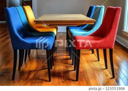 Modern dining table with multicolored chairs in a stylish contemporary home interior 123551906
