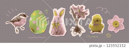 Halftone Easter day collage elements set, romantic card clipart with cutout paper elements for greeting poster with dotted icons. Torn out cute cozy isolated vector design. Halftone Easter day collage elements set, romantic card clipart with cutout paper elements for greeting poster with dotted icons. Torn out cute cozy isolated vector design. 123552152