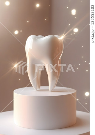 white healthy tooth on podium for product demonstration, dentistry, dentist, treatment, health, health care 123552182