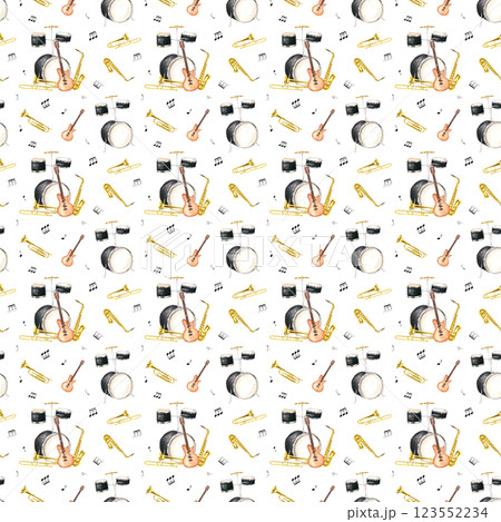 Watercolor drum kit, electric guitar, saxophone, trombone among black musical notes seamless pattern isolated background. Musical percussion, string and wind instruments illustration for jazz festival Watercolor drum kit, electric guitar, saxophone, trombone among black musical notes seamless pattern isolated background. Musical percussion, string and wind instruments illustration for jazz festival 123552234