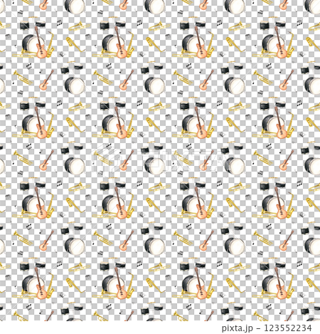 Watercolor drum kit, electric guitar, saxophone, trombone among black musical notes seamless pattern isolated background. Musical percussion, string and wind instruments illustration for jazz festival Watercolor drum kit, electric guitar, saxophone, trombone among black musical notes seamless pattern isolated background. Musical percussion, string and wind instruments illustration for jazz festival 123552234