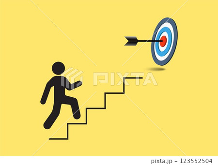 A person climbing stairs toward target, dart hit the center of the target on top of the staircase. Steps for goal. Success and goal achievement concept 123552504