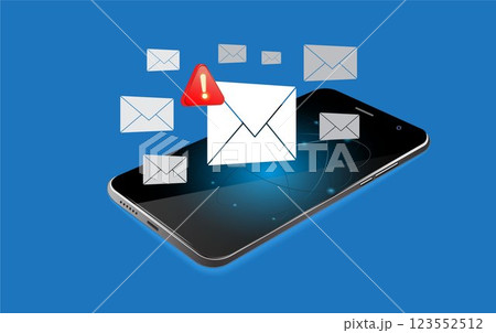 Smartphone with email security alert icons and warning notifications, indicating cybersecurity threats, spam, viruses, junk mail, scams. Email security warning notification concept. Smartphone with email security alert icons and warning notifications, indicating cybersecurity threats, spam, viruses, junk mail, scams. Email security warning notification concept. 123552512