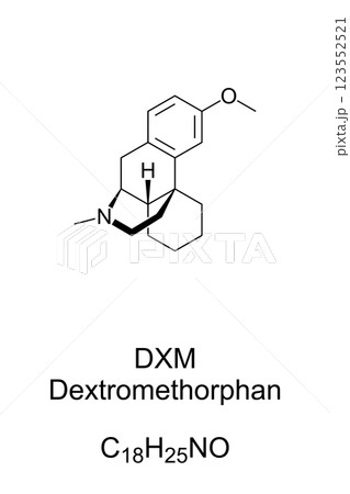 Dextromethorphan, DXM, chemical formula and skeletal structure. Cough suppressant used in many cough and cold medicines. In combination with bupropion it serves as rapid-acting antidepressant. Vector 123552521