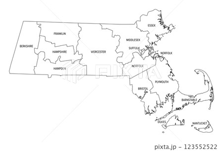 State of Massachusetts subdivided into 14 counties, outline map. Commonwealth of Massachusetts, a state in the New England region of Northeastern United States, nicknamed The Bay State. Vector 123552522