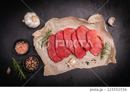 Raw sliced beef or lamb tenderloin meat 123552556