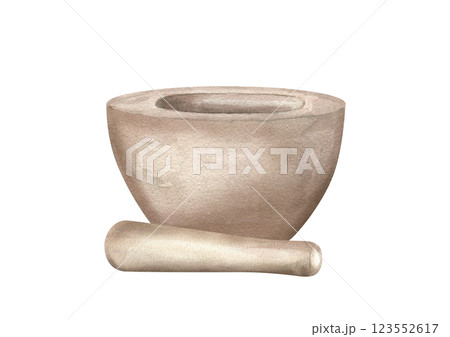 Watercolor stone mortar and granite pestle lying nearby illustration in realistic style isolated background. Empty kitchen granite bowl for grinding spices, herbs. For cook book, homeopathic recipes. 123552617