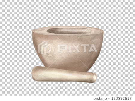 Watercolor stone mortar and granite pestle lying nearby illustration in realistic style isolated background. Empty kitchen granite bowl for grinding spices, herbs. For cook book, homeopathic recipes. 123552617