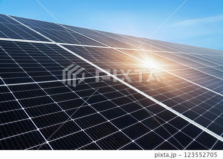 Solar power station. Solar panels, photovoltaics, alternative source of electricity - concept of sustainable and renewable sources. 123552705