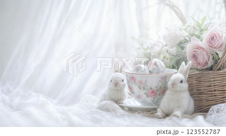 Easter white bunny near beautiful floral arrangement with decorative eggs in a delicate bowl placed on soft white fabric background for serene spring ambiance. Easter background with copy space 123552787