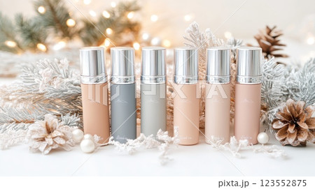 Five pastel paint bottles are artfully arranged on a white surface, showcasing their soft hues and aesthetic charm Five pastel paint bottles are artfully arranged on a white surface, showcasing their soft hues and aesthetic charm 123552875