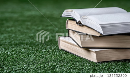 Clean white books are neatly stacked on lush green grass under bright lighting, creating a vivid and inviting outdoor setting 123552890