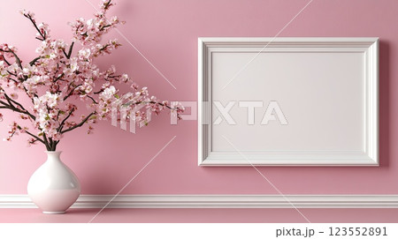 A white wooden frame displays an artistic silhouette alongside fresh white flowers on a gentle pink wall, perfect for spring decor 123552891