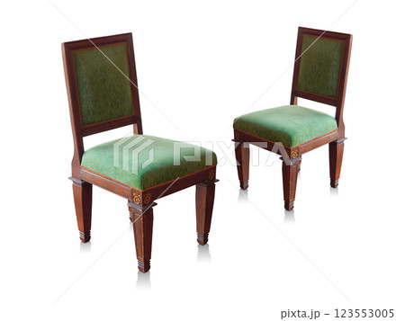 side view antique two green and brown wooden chairs on isolated background, decor, fashion, ancient, copy space side view antique two green and brown wooden chairs on isolated background, decor, fashion, ancient, copy space 123553005