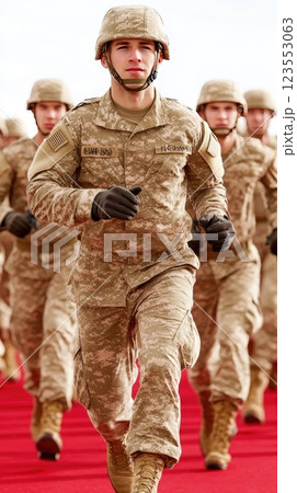 Soldiers in uniform march with precision during a military parade, demonstrating their commitment and readiness in a vibrant urban setting 123553063
