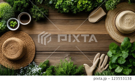 Gardening tools, gloves, and plants are beautifully arranged on a wooden table, creating an inspiring setup for gardening 123553138