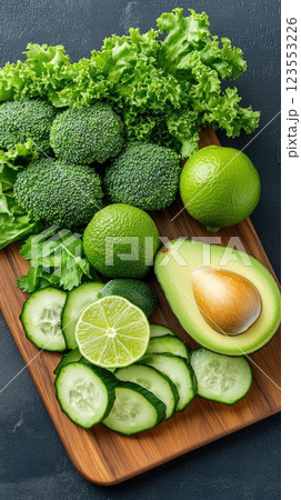 Variety of green vegetables and fruits showcased artfully on a dark surface, promoting healthy eating and weight loss concepts 123553226
