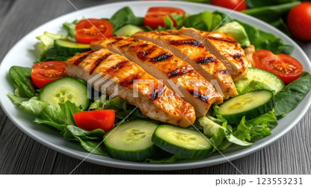 Grilled chicken is beautifully arranged with a side of crisp salad and vibrant vegetables, presenting a healthy meal option 123553231