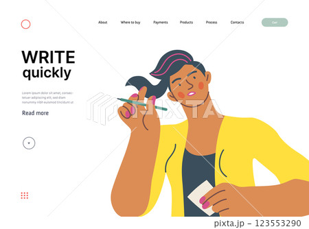 Writing people, modern flat vector concept illustration- sitting woman thoughtfully writing on paper. Metaphor for reflection, personal insight, contemplation, creative expression 123553290