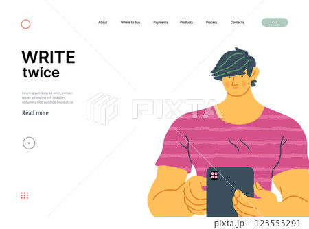 Writing people, modern flat vector concept illustration- standing man thoughtfully writing on tablet. Metaphor for reflection, personal insight, contemplation, creative expression 123553291