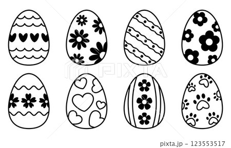Black outline Easter Eggs with decorative patterns, hearts, flowers, animal feet and wavy lines. Easter egg colouring set. Editable Stroke. Fun Holiday Activity for Kids Black outline Easter Eggs with decorative patterns, hearts, flowers, animal feet and wavy lines. Easter egg colouring set. Editable Stroke. Fun Holiday Activity for Kids 123553517