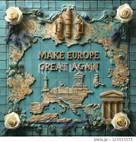 Decorative wall artwork featuring a detailed map of Europe with a slogan promoting unity, showcased in a vibrant color scheme that emphasizes cultural landmarks and floral accents 123553573