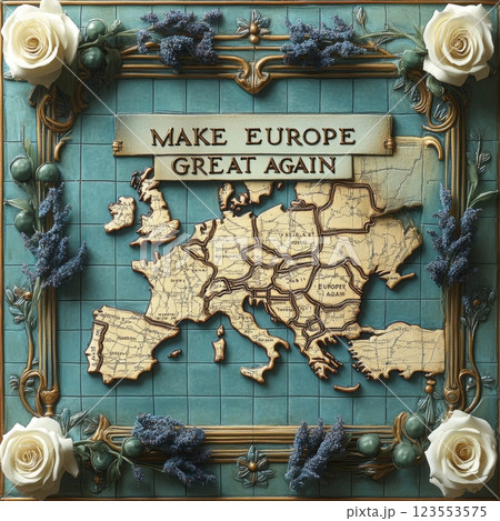 Artwork featuring a decorative map of Europe framed with flowers and a slogan promoting unity, captured in a creative setting emphasizing European culture and geography 123553575