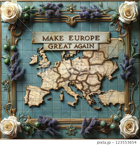 Flat lay decorative map of Europe framed with flowers and slogan Make Europe Great Again promoting unity, captured in a creative setting emphasizing European culture and geography 123553654