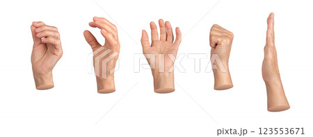 An elderly hand with five fingers displaying a range of gestures, from pinching to grasping, open 123553671