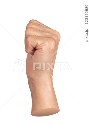 Elderly hand clenched into a fist, symbolizing power, strength, and defiance. Wrinkled, aged fingers 123553686