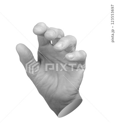 Elderly hand in a tense, claw like gesture, fingers curled as if grasping something unseen. Wrinkled Elderly hand in a tense, claw like gesture, fingers curled as if grasping something unseen. Wrinkled 123553697