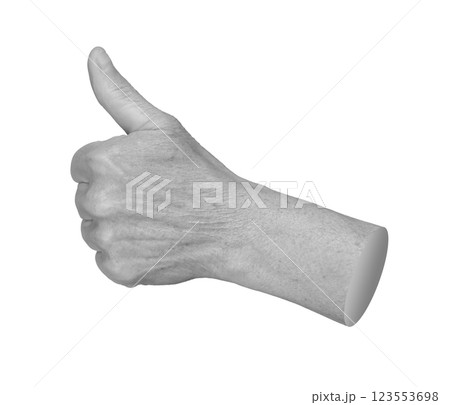 Elderly hand making a thumbs up gesture, symbolizing approval and encouragement. Wrinkled, aged skin 123553698