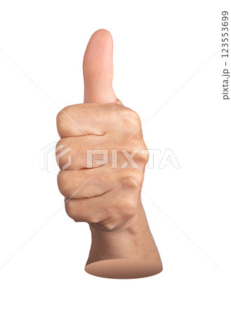 Elderly hand making a thumbs up gesture, symbolizing approval and success. Wrinkled, aged fingers in Elderly hand making a thumbs up gesture, symbolizing approval and success. Wrinkled, aged fingers in 123553699