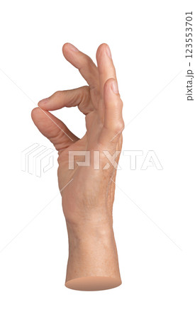 Elderly hand making OK gesture with thumb and index finger forming a circle, resembling a pinching Elderly hand making OK gesture with thumb and index finger forming a circle, resembling a pinching 123553701