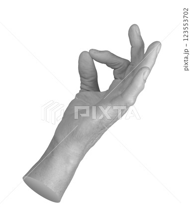 Elderly hand making OK gesture with thumb and index finger forming a circle. Wrinkled, aged fingers 123553702