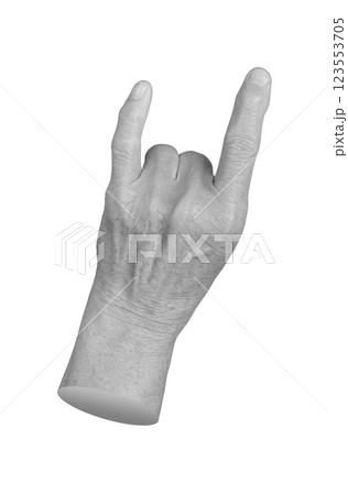 Elderly hand making the rock on or devil horns gesture with index and pinky fingers extended. 123553705