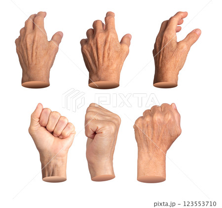 Elderly hand reaching forward with a clenched fist, symbolizing strength and action. Aged skin with 123553710