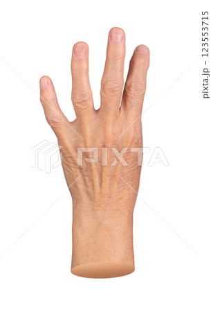 Elderly hand showing four extended fingers in an expressive gesture. Aged skin with visible veins Elderly hand showing four extended fingers in an expressive gesture. Aged skin with visible veins 123553715