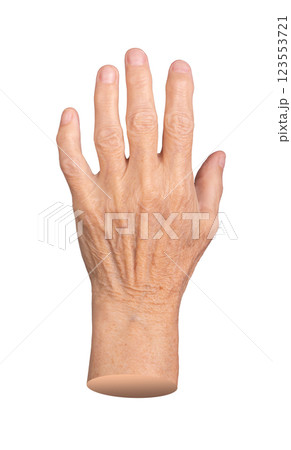 Elderly hand with fingers slightly spread, showcasing aged skin, wrinkles, and visible veins. Close 123553721
