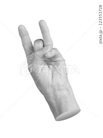 Elderly hand with index and ring fingers extended, creating a unique gesture. Pinky curled inward, 123553726