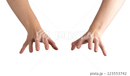 Hands reaching down, grasping and touching an unseen surface, fingers slightly curled in 123553742