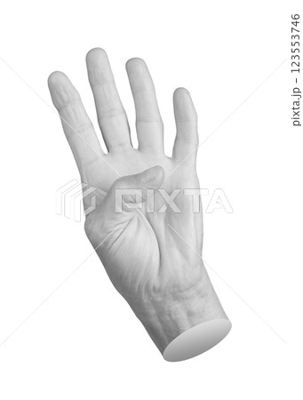 Senior woman showing four with hand gesture. Aged, wrinkled fingers held up in front position, palm 123553746