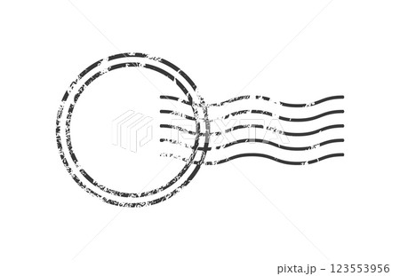 Grunge empty black vector postal stamp imprint with wavy lines and blank circular area for validation and authenticity 123553956