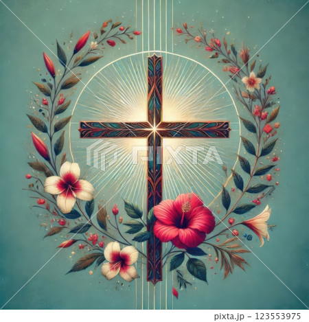 Digital painting of a golden cross adorned with white roses and intricate carvings, surrounded by gold and purple leaves. Symbolic of faith and hope 123553975