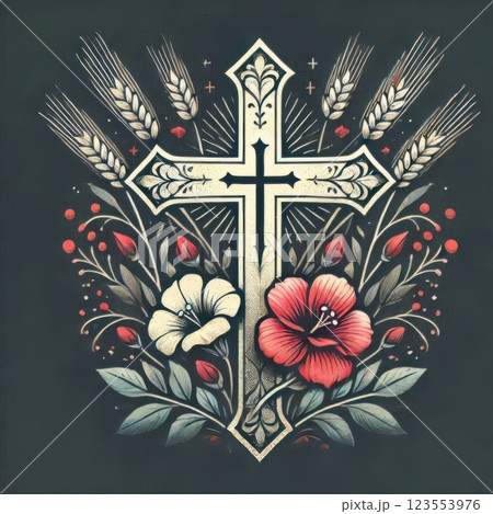 Intricate illustration of a black cross with gold trim, surrounded by pink and blue flowers and lush foliage. Symbolizing peace, beauty, and hope. 123553976