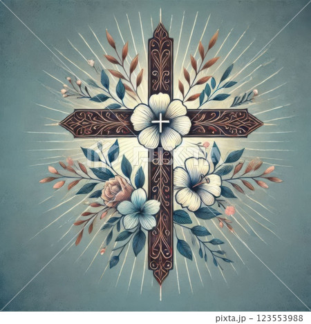 Digital painting of a golden cross adorned with white roses and intricate carvings, surrounded by gold and purple leaves. Symbolic of faith and hope 123553988
