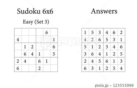 Sudoku Puzzle 6x6 Easy Set 3 with Answers, Fun Brain Training Game for Kids, Teens and Adults, Vector 123553999