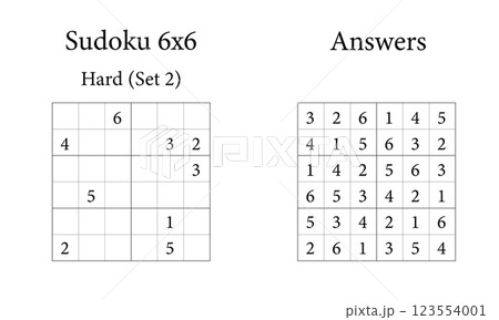 Sudoku Puzzle 6x6 Hard Set 2 with Answers, Fun Brain Training Game for Kids, Teens and Adults, Vector Sudoku Puzzle 6x6 Hard Set 2 with Answers, Fun Brain Training Game for Kids, Teens and Adults, Vector 123554001