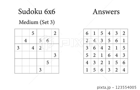 Sudoku Puzzle 6x6 Medium Set 3 with Answers, Fun Brain Training Game for Kids, Teens and Adults, Vector Sudoku Puzzle 6x6 Medium Set 3 with Answers, Fun Brain Training Game for Kids, Teens and Adults, Vector 123554005